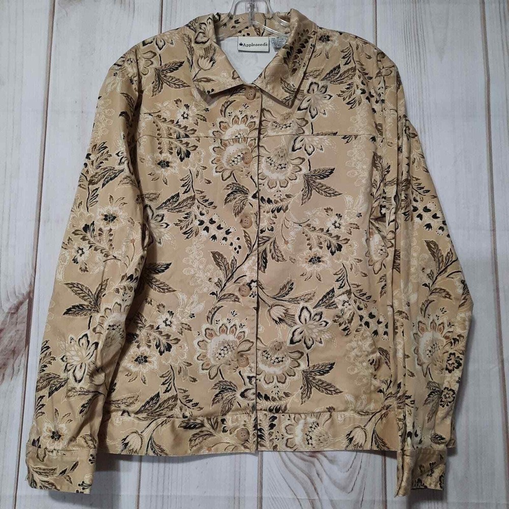 Appleseeds Womens Size 16 Tan Black Floral Button Front Jacket Cotton Spandex